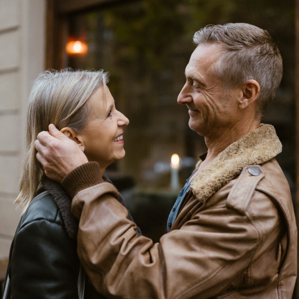 Ein Mann und eine Frau mit grauen Haaren stehen sich gegenüber, er berührt  ihre Wange, beide lächeln