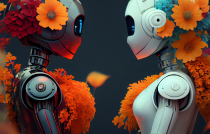 Zwei Roboter schauen einander verliebt an. Sie sind mit orangefarbenen Blüten geschmückt.