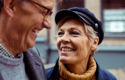 Eine Frau und ein Mann um die 60, gehen spazieren bei ihrem gemeinsamen Date.